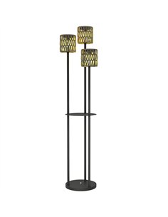 Outsunny Boho Rattan Floor Lamp, 3-Lights Rattan Lamp with Shelf, Freestanding Solar Garden Light with Auto On/Off Lights, Grey