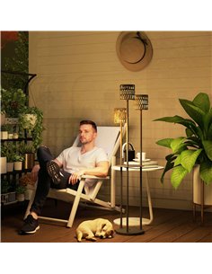 Outsunny Boho Rattan Floor Lamp, 3-Lights Rattan Lamp with Shelf, Freestanding Solar Garden Light with Auto On/Off Lights, Grey 2
