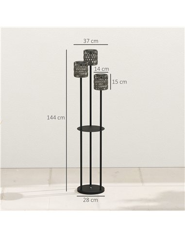 Outsunny Boho Rattan Floor Lamp, 3-Lights Rattan Lamp with Shelf, Freestanding Solar Garden Light with Auto On/Off Lights, Grey