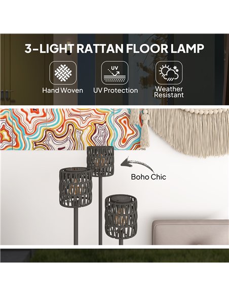 Outsunny Boho Rattan Floor Lamp, 3-Lights Rattan Lamp with Shelf, Freestanding Solar Garden Light with Auto On/Off Lights, Grey - pic 187171 | FastDaddyshop