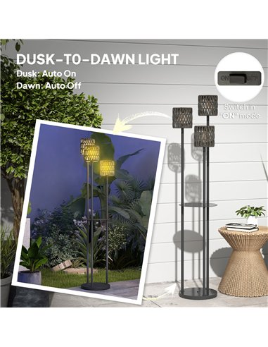 Outsunny Boho Rattan Floor Lamp, 3-Lights Rattan Lamp with Shelf, Freestanding Solar Garden Light with Auto On/Off Lights, Grey