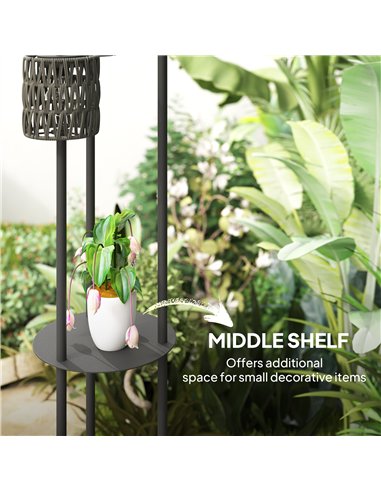 Outsunny Boho Rattan Floor Lamp, 3-Lights Rattan Lamp with Shelf, Freestanding Solar Garden Light with Auto On/Off Lights, Grey
