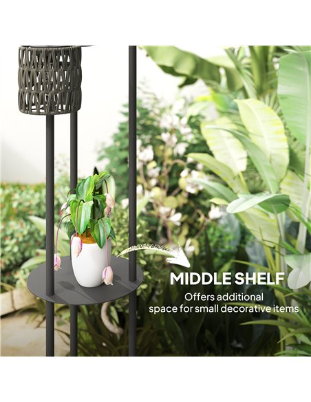 Outsunny Boho Rattan Floor Lamp, 3-Lights Rattan Lamp with Shelf, Freestanding Solar Garden Light with Auto On/Off Lights, Grey - pic 187174 | FastDaddyshop