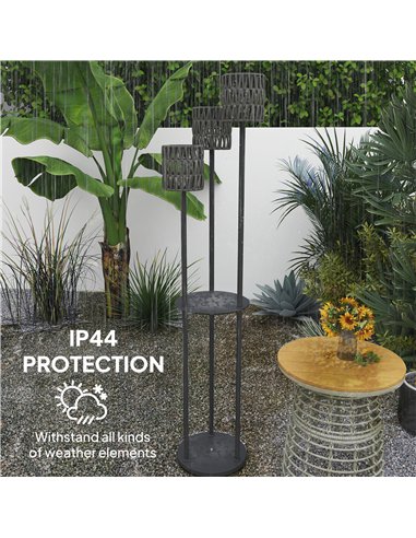 Outsunny Boho Rattan Floor Lamp, 3-Lights Rattan Lamp with Shelf, Freestanding Solar Garden Light with Auto On/Off Lights, Grey