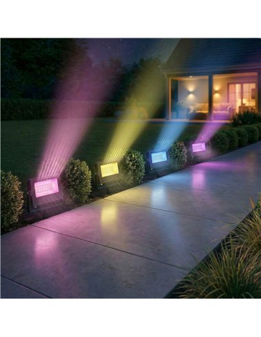 Outsunny 32W LED Floodlights, Linkable 4-Pack Landscape Lighting with Remote Control, RGB Colour Changing, UK Plug, Black