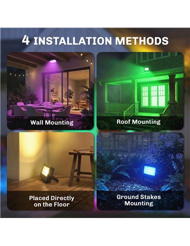 Outsunny 32W LED Floodlights, Linkable 4-Pack Landscape Lighting with Remote Control, RGB Colour Changing, UK Plug, Black