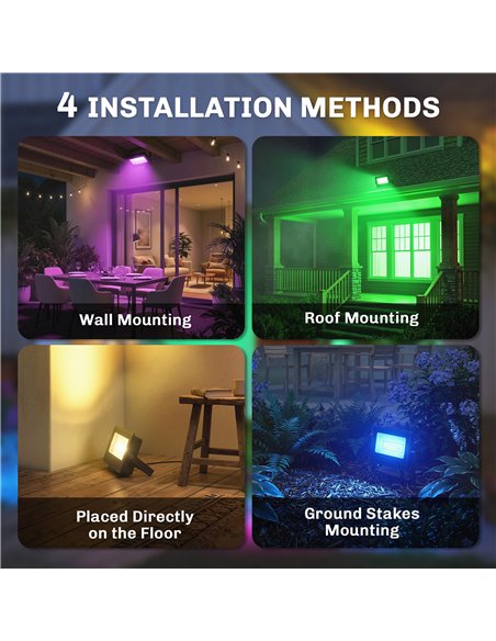 Outsunny 32W LED Floodlights, Linkable 4-Pack Landscape Lighting with Remote Control, RGB Colour Changing, UK Plug, Black - pic 187193 | FastDaddyshop