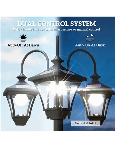 Outsunny Solar Lamp Post with Dusk-to-Dawn Sensor Street Light with 3-Head Planter 185 cm Black