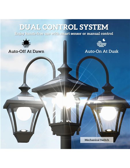 Outsunny Solar Lamp Post with Dusk-to-Dawn Sensor Street Light with 3-Head Planter 185 cm Black - pic 187235 | FastDaddyshop