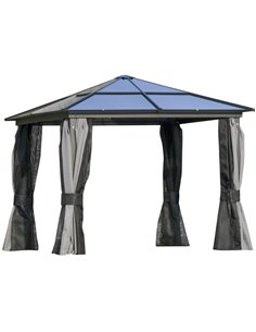 Outsunny 3 x 3m Hardtop Gazebo with UV Resistant Polycarbonate Roof, Aluminium Frame, Curtains, Dark Grey