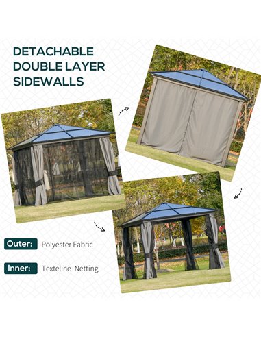 Outsunny 3 x 3m Hardtop Gazebo with UV Resistant Polycarbonate Roof, Aluminium Frame, Curtains, Dark Grey