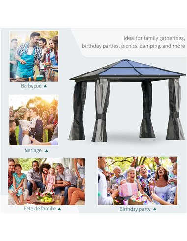 Outsunny 3 x 3m Hardtop Gazebo with UV Resistant Polycarbonate Roof, Aluminium Frame, Curtains, Dark Grey