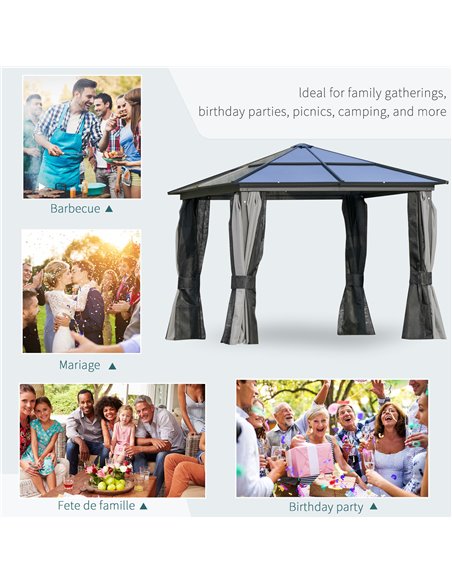 Outsunny 3 x 3m Hardtop Gazebo with UV Resistant Polycarbonate Roof, Aluminium Frame, Curtains, Dark Grey - pic 18734 | FastDaddyshop