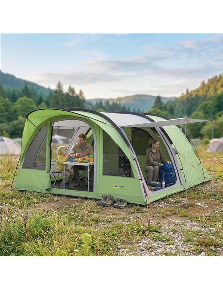 Outsunny 4 Person Easy Setup Family Camping Tent with 2 Rooms, Waterproof Tunnel Tent w/ Sewn In Groundsheet, Green & Grey - pic 187340 | FastDaddyshop