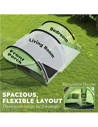 Outsunny 4 Person Easy Setup Family Camping Tent with 2 Rooms, Waterproof Tunnel Tent w/ Sewn In Groundsheet, Green & Grey