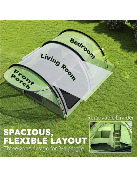 Outsunny 4 Person Easy Setup Family Camping Tent with 2 Rooms, Waterproof Tunnel Tent w/ Sewn In Groundsheet, Green & Grey - pic 187342 | FastDaddyshop