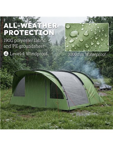 Outsunny 4 Person Easy Setup Family Camping Tent with 2 Rooms, Waterproof Tunnel Tent w/ Sewn In Groundsheet, Green & Grey
