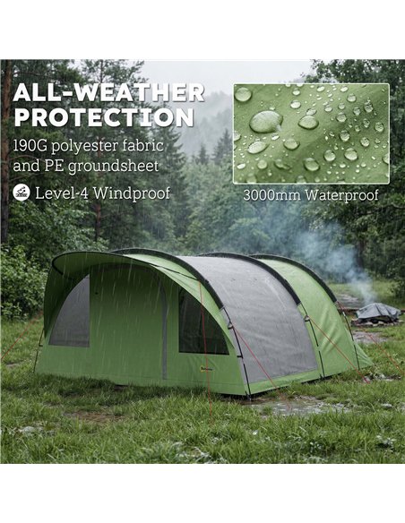 Outsunny 4 Person Easy Setup Family Camping Tent with 2 Rooms, Waterproof Tunnel Tent w/ Sewn In Groundsheet, Green & Grey - pic 187343 | FastDaddyshop