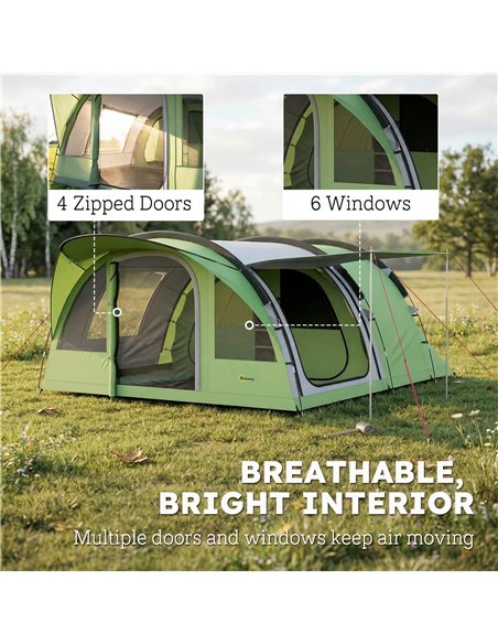 Outsunny 4 Person Easy Setup Family Camping Tent with 2 Rooms, Waterproof Tunnel Tent w/ Sewn In Groundsheet, Green & Grey - pic 187344 | FastDaddyshop