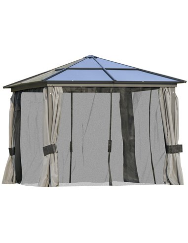 Outsunny 3 x 3m Hardtop Gazebo with UV Resistant Polycarbonate Roof, Aluminium Frame, Curtains, Dark Grey