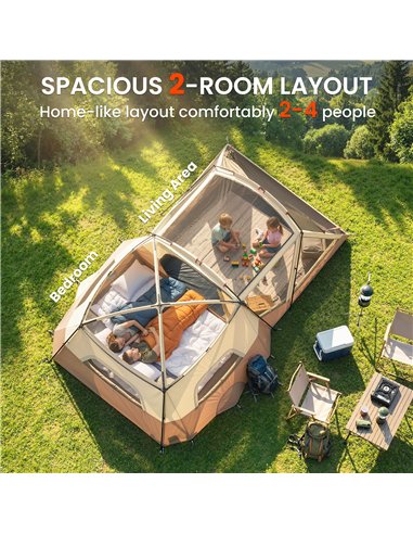 Outsunny Cabin Tent Waterproof Camping Tent with Two Room for 4 Person Brown