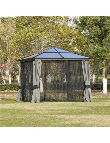 Outsunny 3 x 3m Hardtop Gazebo with UV Resistant Polycarbonate Roof, Aluminium Frame, Curtains, Dark Grey