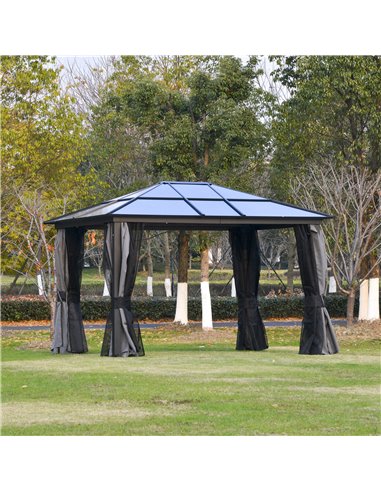 Outsunny 3.6x3m Hardtop Gazebo with UV Resistant Polycarbonate Roof, Aluminium Frame, Curtains, Dark Grey