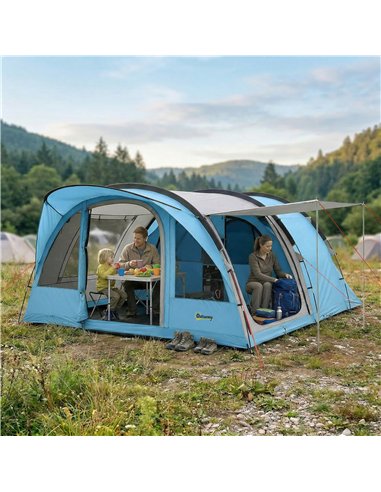 Outsunny 4 Person Easy Setup Family Camping Tent with 2 Rooms, Waterproof Tunnel Tent w/ Sewn In Groundsheet, Sky Blue & Grey