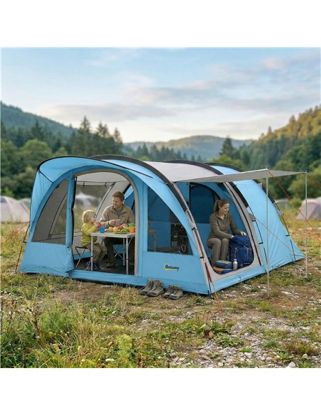 Outsunny 4 Person Easy Setup Family Camping Tent with 2 Rooms, Waterproof Tunnel Tent w/ Sewn In Groundsheet, Sky Blue & Grey - pic 187376 | FastDaddyshop