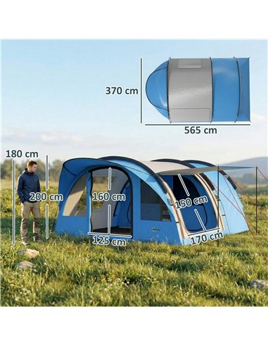 Outsunny 4 Person Easy Setup Family Camping Tent with 2 Rooms, Waterproof Tunnel Tent w/ Sewn In Groundsheet, Sky Blue & Grey