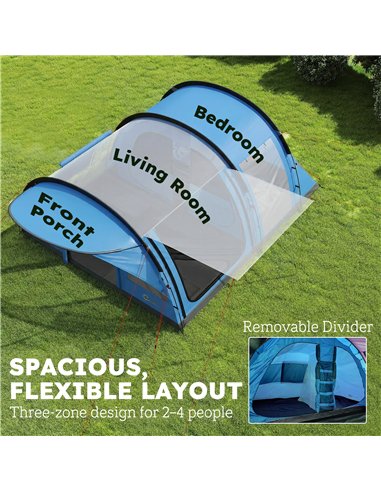 Outsunny 4 Person Easy Setup Family Camping Tent with 2 Rooms, Waterproof Tunnel Tent w/ Sewn In Groundsheet, Sky Blue & Grey