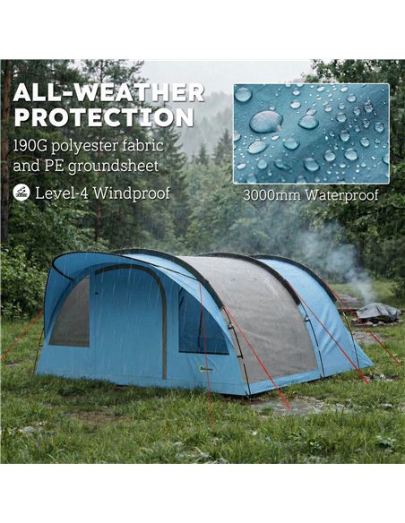 Outsunny 4 Person Easy Setup Family Camping Tent with 2 Rooms, Waterproof Tunnel Tent w/ Sewn In Groundsheet, Sky Blue & Grey - pic 187379 | FastDaddyshop