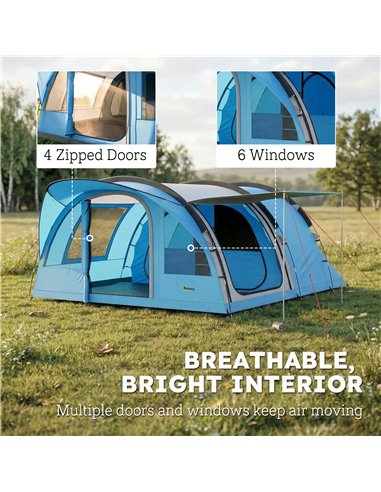 Outsunny 4 Person Easy Setup Family Camping Tent with 2 Rooms, Waterproof Tunnel Tent w/ Sewn In Groundsheet, Sky Blue & Grey
