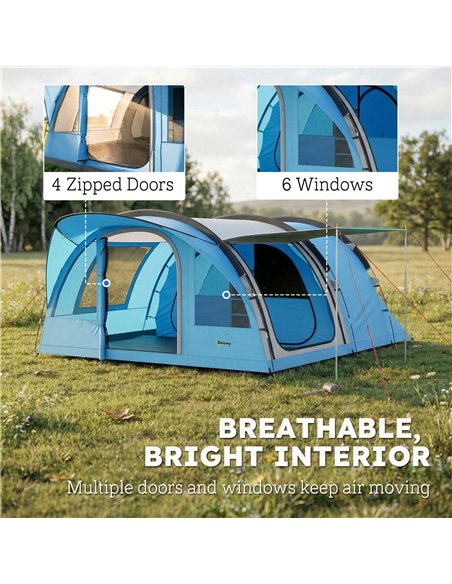 Outsunny 4 Person Easy Setup Family Camping Tent with 2 Rooms, Waterproof Tunnel Tent w/ Sewn In Groundsheet, Sky Blue & Grey - pic 187380 | FastDaddyshop