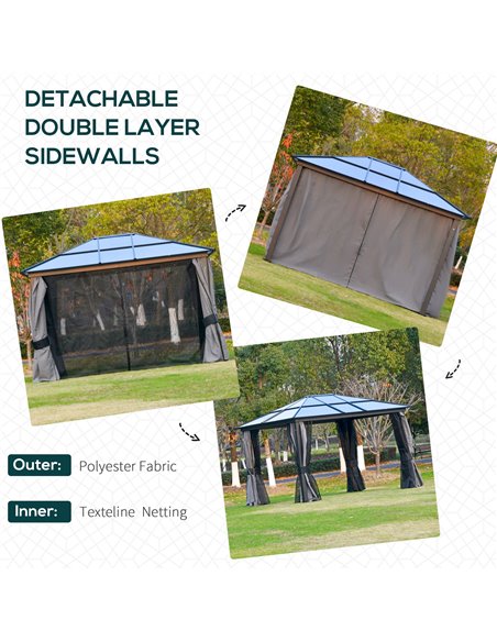 Outsunny 3.6x3m Hardtop Gazebo with UV Resistant Polycarbonate Roof, Aluminium Frame, Curtains, Dark Grey - pic 18740 | FastDaddyshop