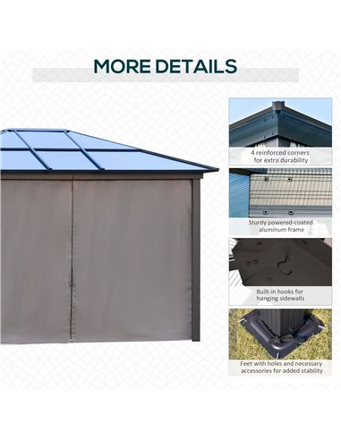 Outsunny 3.6x3m Hardtop Gazebo with UV Resistant Polycarbonate Roof, Aluminium Frame, Curtains, Dark Grey
