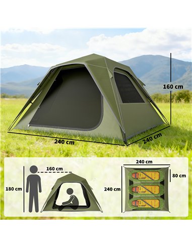 Outsunny Pop Up Tent 3000mm Waterproof Camping Tents with Mesh Windows 2-3 People Green