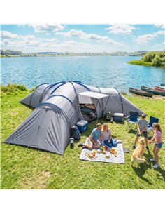 Outsunny 6-9 Man Large Tunnel Tent with 3 Bedrooms, Living Area and Porch, Light Grey 2