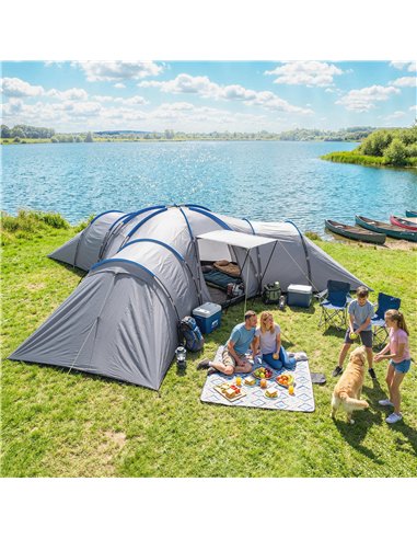 Outsunny 6-9 Man Large Tunnel Tent with 3 Bedrooms, Living Area and Porch, Light Grey
