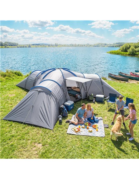 Outsunny 6-9 Man Large Tunnel Tent with 3 Bedrooms, Living Area and Porch, Light Grey - pic 187439 | FastDaddyshop