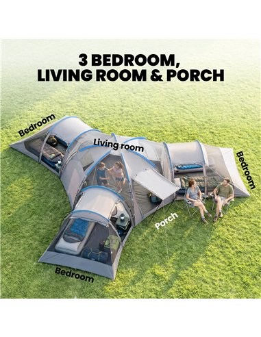 Outsunny 6-9 Man Large Tunnel Tent with 3 Bedrooms, Living Area and Porch, Light Grey