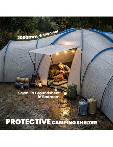 Outsunny 6-9 Man Large Tunnel Tent with 3 Bedrooms, Living Area and Porch, Light Grey