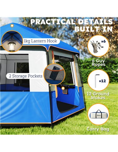 Outsunny Cabin Tent Easy Setup 3000mm Waterproof Camping Tent 4 Person with Carrying Bag Blue