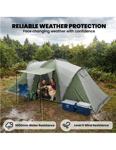 Outsunny Family Camping Tent 3000mm Waterproof Windproof Tunnel Tent 8-12 Person Two Bedrooms Green