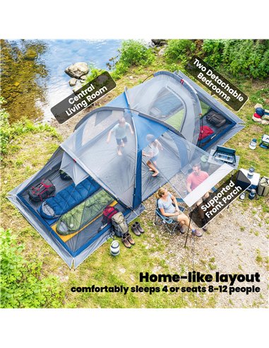 Outsunny Family Camping Tent 3000mm Waterproof Windproof Tunnel Tent 8-12 Person, Navy Blue & Light Grey