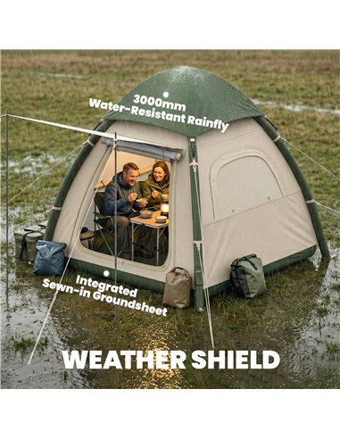 Outsunny Inflatable Camping Tent with Rainfly, 3 Man Air Tent 3000mm Waterproof Blow Up Tents, Beige