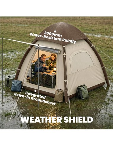 Outsunny Inflatable Camping Tent with Rainfly, 3 Man Air Tent 3000mm Waterproof Blow Up Tents, Cream