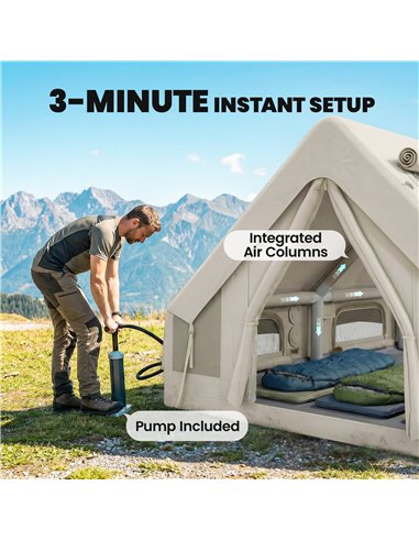 Outsunny Inflatable Camping Tent, 4 Season Hot Tent 10000mm Waterproof with Chimney Opening, Sky Light and Air Pump, Khaki