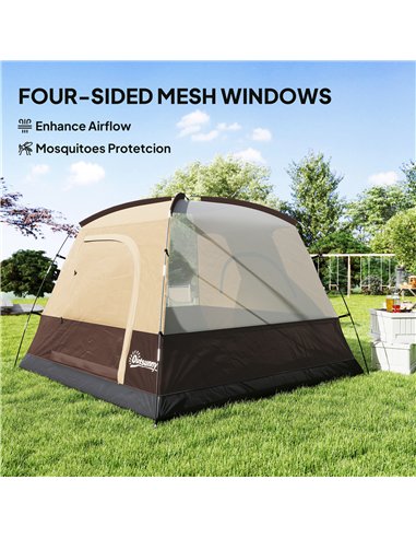 Outsunny 3-4 Person Camping Tent, Easy Set Up 3-4 Man Tent w/ Sewn-in Groundsheet, Waterproof Dome Tent w/ Mesh Windows, Brown