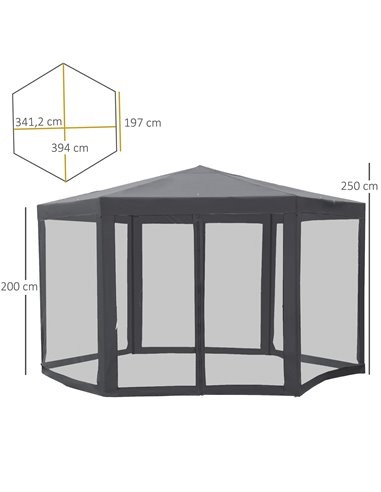 Outsunny 4x4m Netting Gazebo, Hexagon Tent Shade Resistant, Grey